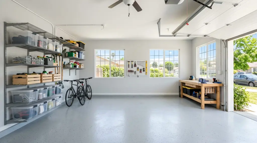 An organized, bright garage space with newly installed shelving and a fresh coat of paint, ready for various uses.