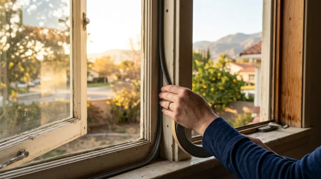 Close-up of a hand applying weatherstripping around an older window frame, with the warm afternoon sun visible outside.