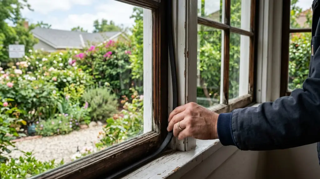 A close-up of a hand installing weather stripping around an older wooden window frame, with a garden visible outside.