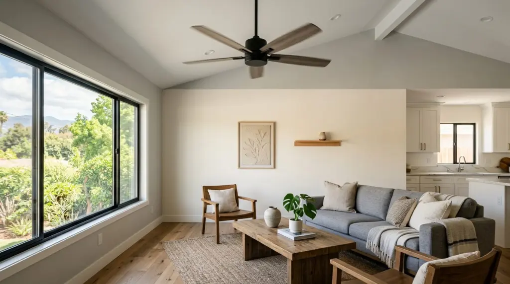 A modern, energy-efficient ceiling fan slowly turning in a bright, updated living space, with natural light coming from a nearby window.