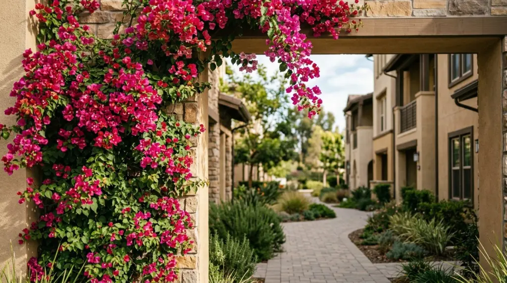 A close-up of a vibrant, blooming bougainvillea vine framing the entrance to a modern townhome community in West Covina, with a subtle depth of field blurring the background.