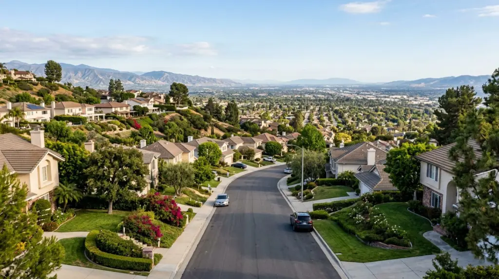 A wide shot looking down a quiet residential street in the South Hills area of West Covina, showcasing hillside homes with views of the valley stretching into the distance.