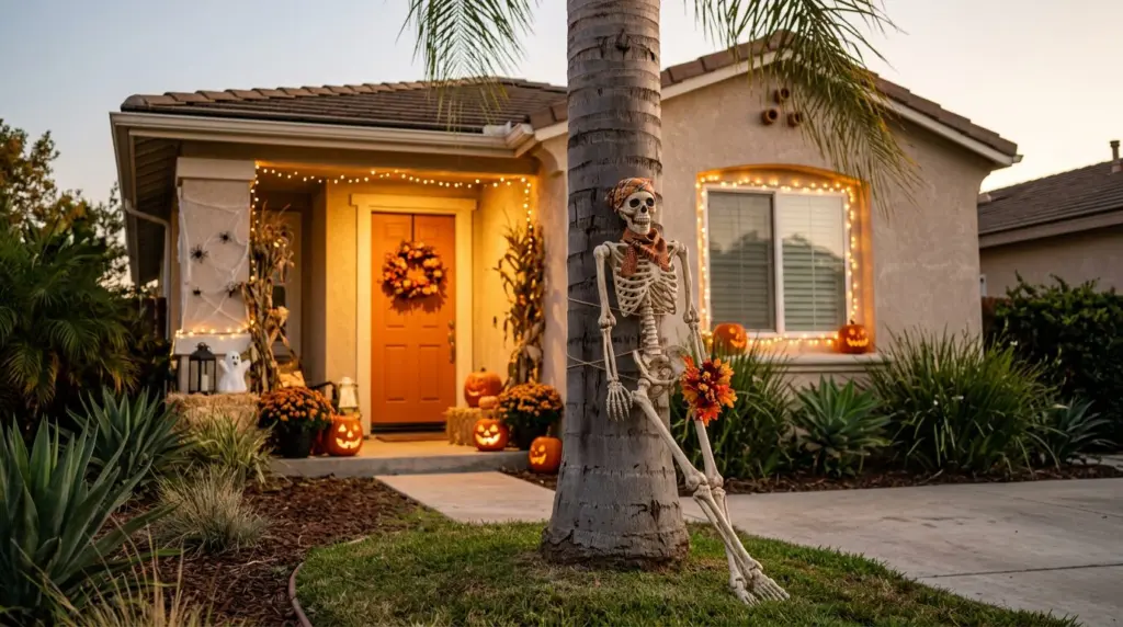 A close-up of a well-secured skeleton figure leaning against a palm tree in an Ontario yard, its pose suggesting a playful rather than scary presence, with a light breeze rustling its fabric.
