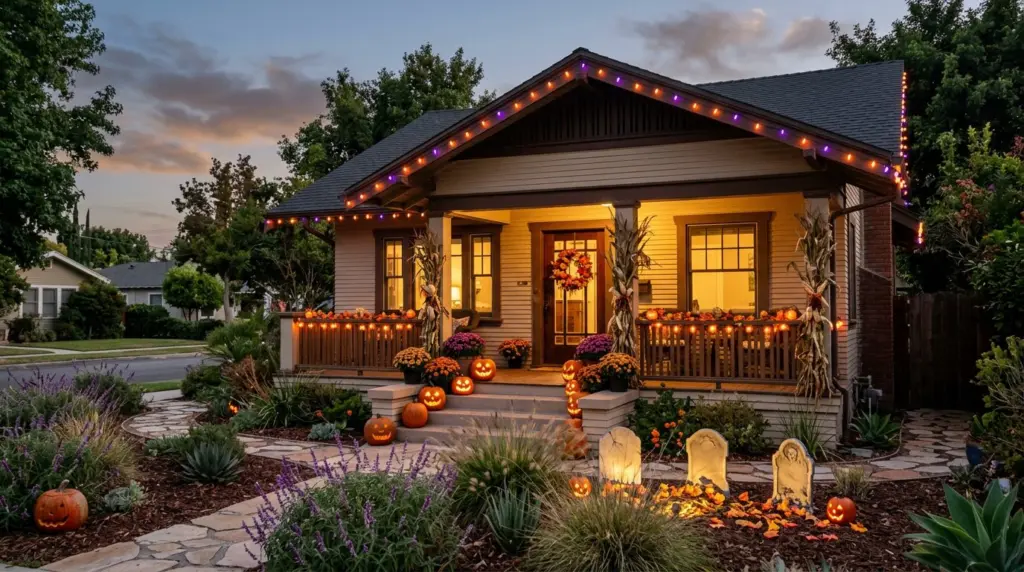 A homeowner carefully unspooling a string of orange and purple LED lights along the eaves of their home in historic downtown Ontario, preparing for the full Halloween display.