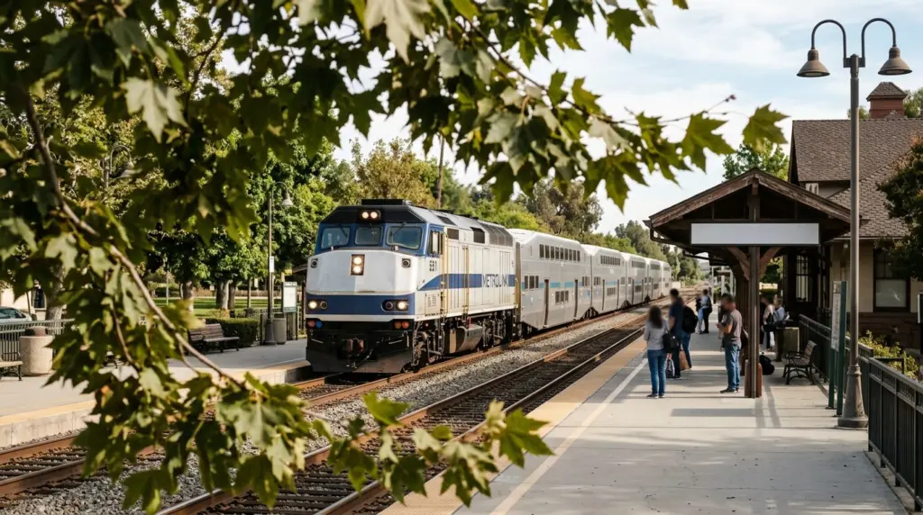 A close-up of a Metrolink train pulling into the Claremont station platform, visible through a leafy tree branch.