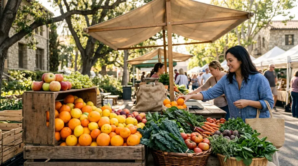 Sunlight illuminates a stack of freshly picked citrus and organic produce at an outdoor farmers market stall.