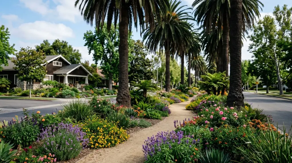 A close-up of the historic landscaped median along Euclid Avenue, with mature palm trees and flowering plants visible, and a glimpse of an older home's facade in the background.