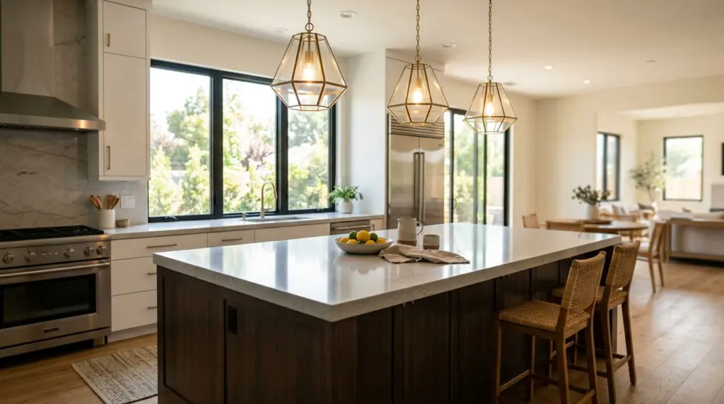 A modern kitchen island in a new construction home, featuring a sleek countertop and pendant lighting, with morning light filtering through a window.