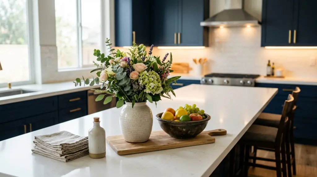 A close-up of a meticulously staged kitchen island in a contemporary home, featuring a vase of fresh flowers, a bowl of fruit, and soft under-cabinet lighting.