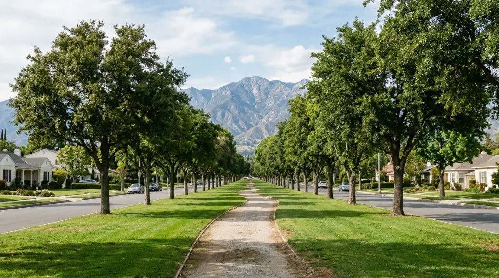 A wide shot of the historic Euclid Avenue median, showing its tree-lined path stretching into the distance with the San Gabriel Mountains visible in the background.