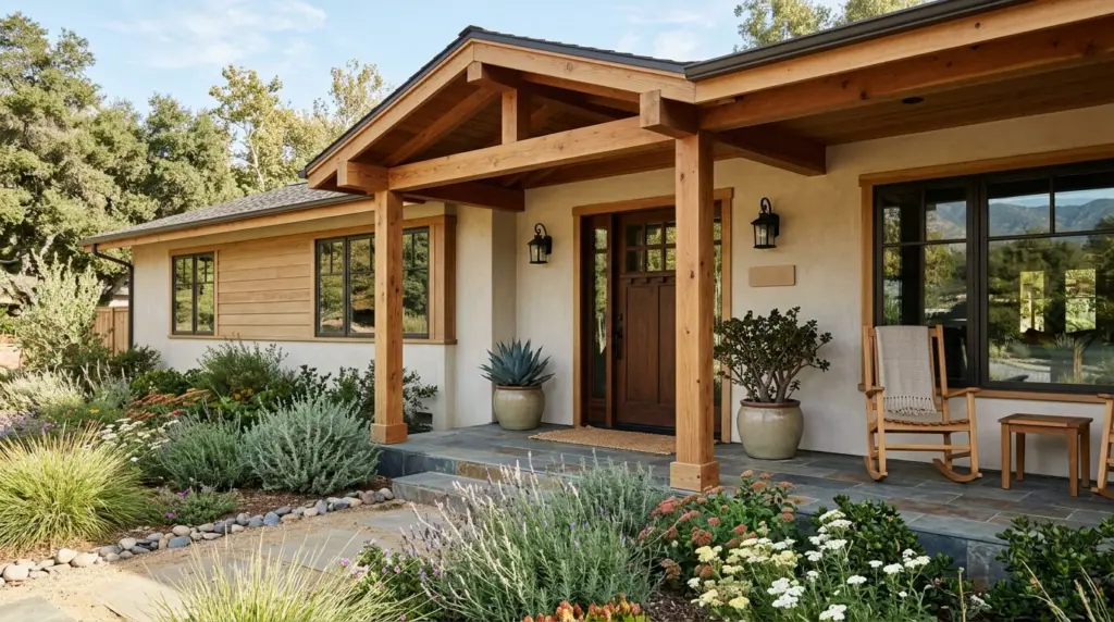 A close-up of a classic San Dimas ranch home's front porch, showcasing natural wood accents and drought-tolerant landscaping in the foreground.
