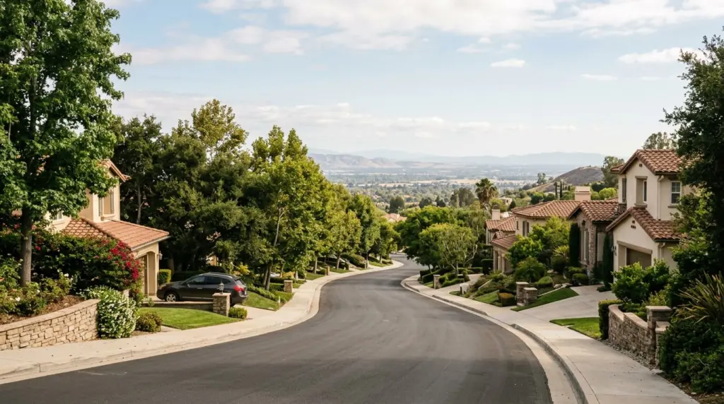 A serene street scene in a hillside Via Verde neighborhood, looking down a gently curving road lined with mature trees and glimpse of the valley beyond.