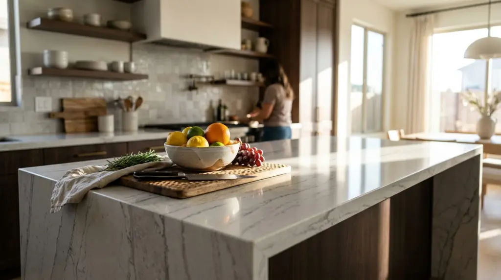 A close-up of a modern kitchen island with quartz countertops in a contemporary home, showing the gleam of natural light on the surfaces.