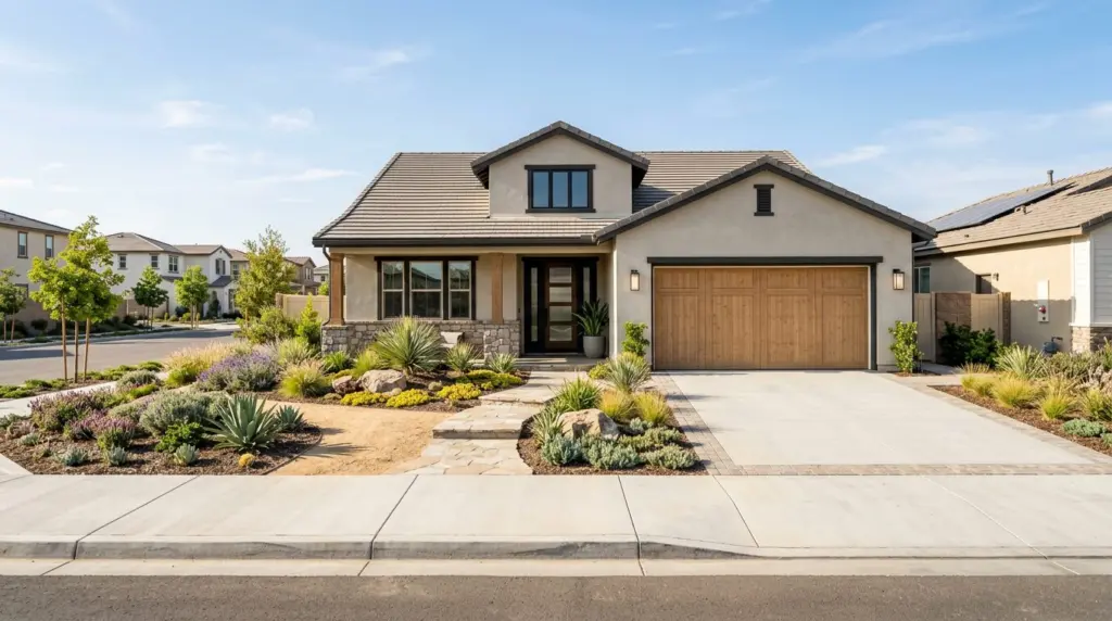 The entrance of a newly constructed home in Ontario Ranch, featuring a wide driveway and a manicured drought-tolerant front yard.