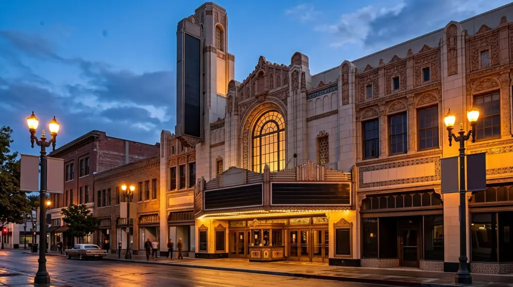 A detailed view of the architectural facade of the Fox Theater Pomona, showcasing its historic marquee and intricate detailing under twilight streetlights.