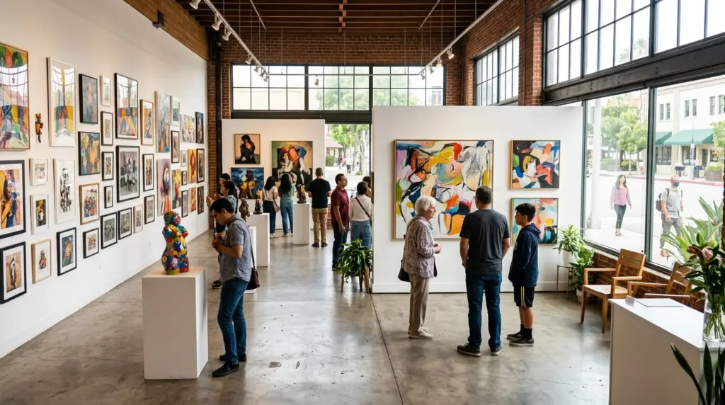 A vibrant, wide shot of a gallery interior within the Downtown Pomona Arts Colony, featuring diverse artworks displayed on white walls, with natural light streaming in from large windows.