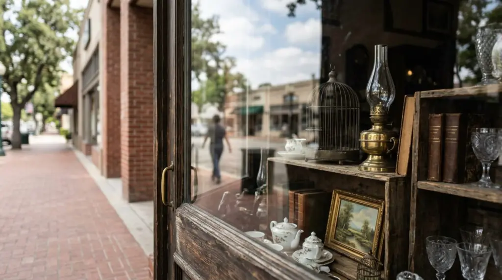 A close-up of an antique shop window display on 2nd Avenue in Historic Downtown Upland, reflecting the street scene subtly.