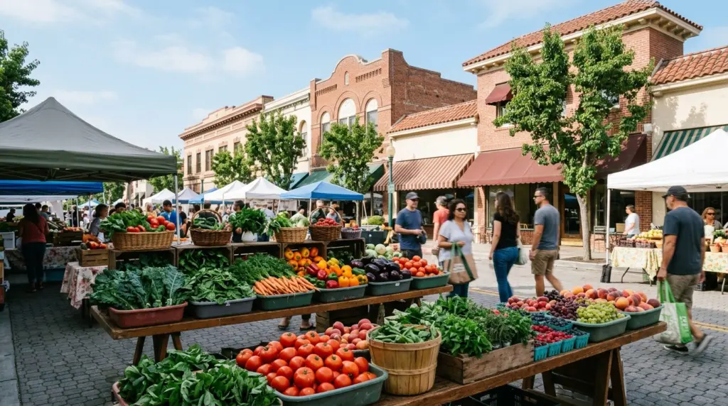 The vibrant colors of fresh produce at the Upland Farmers Market, with a glimpse of the classic downtown architecture in the background.