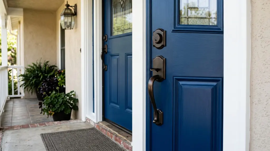 A close-up of a freshly painted front door with new hardware on a West Covina home, showing careful attention to detail.