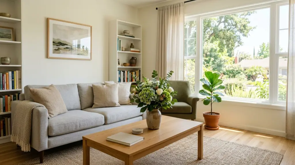 An interior shot of a bright, decluttered living room in a West Covina home, staged simply with a vase of flowers on a coffee table, with natural light coming through a window.