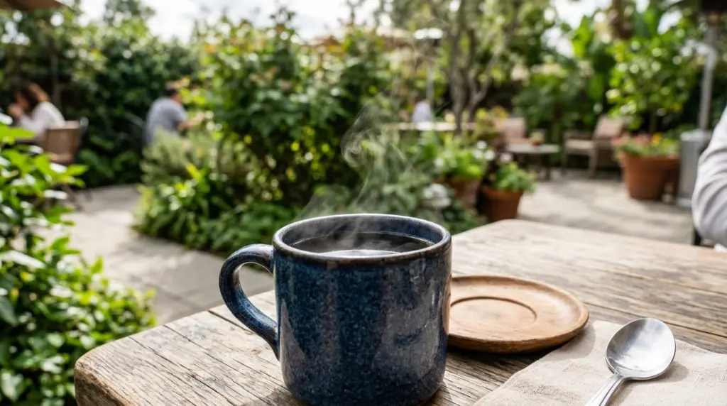 A close-up of a steaming coffee cup on an outdoor patio table at a cafe, with blurred greenery in the background.
