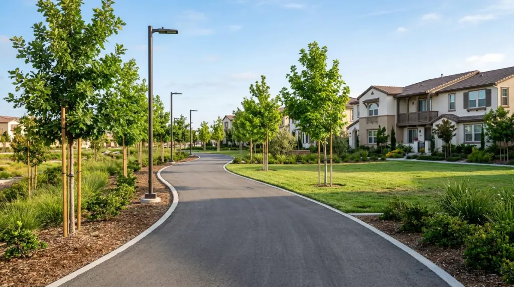 A freshly paved walking path winding through a new community park, lined with young trees and streetlights, with new townhomes in the background.