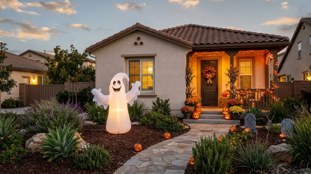 A family-friendly Halloween inflatable ghost slowly waves its arms in a well-maintained front yard of a Fontana home, with drought-tolerant landscaping and a tile roof visible in the background.