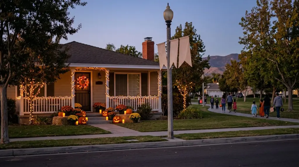 A wide shot of a community park in Fontana, perhaps near Fontana Park on Summit Avenue, where a few decorative, non-scary Halloween banners are visible on lampposts, with children and adults strolling in the distance.